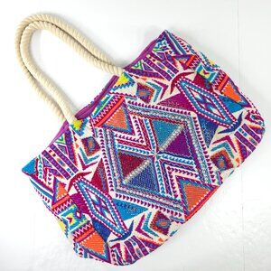 EVELYN K NEW YORK TRIBAL TOTE BEACH BAG LARGE COLORFUL EMBELLISHED *AS-IS *FLAWS